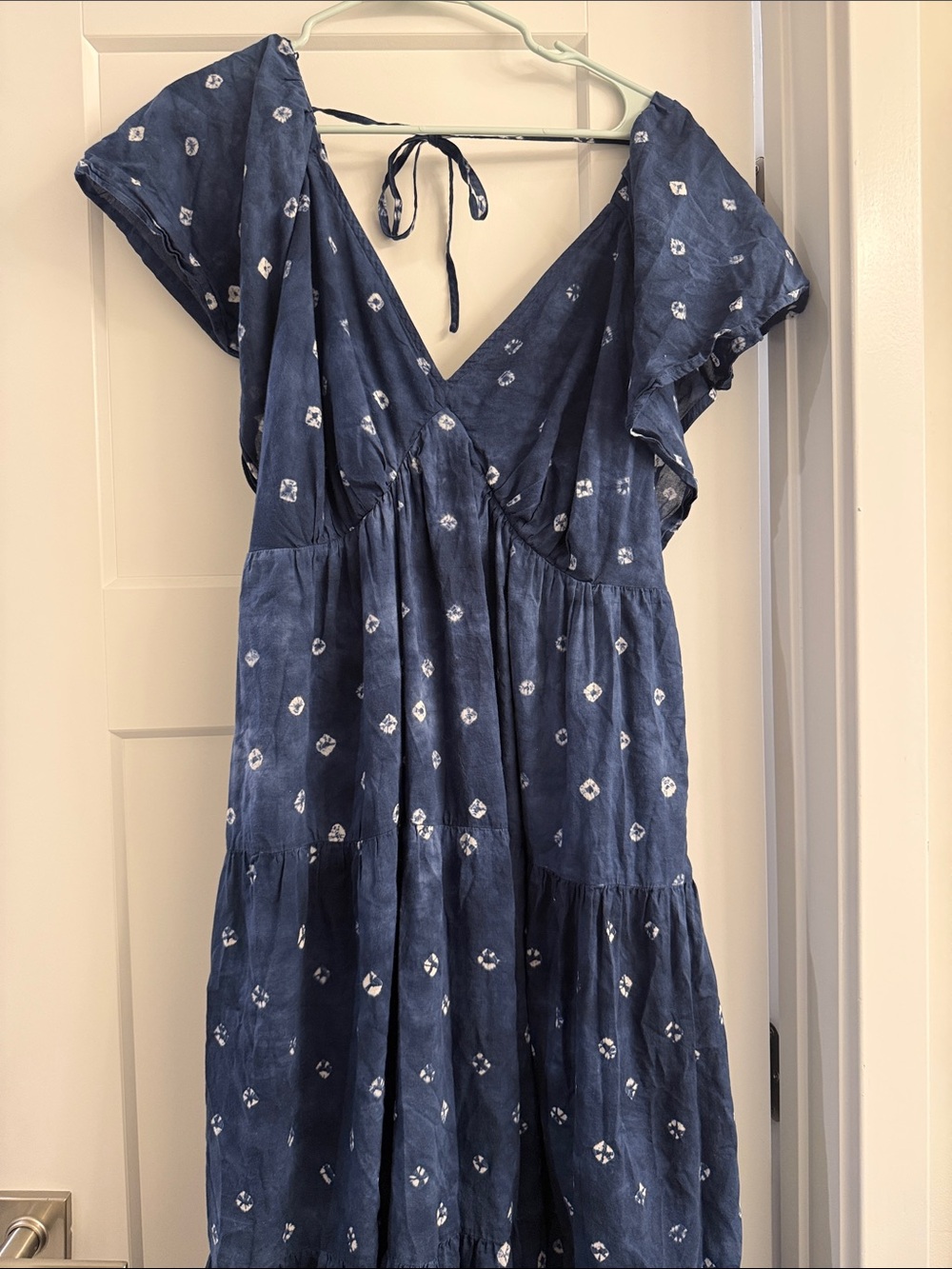 Madewell Navy Blue Tiered V-Neck Midi Dress with White Prints